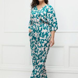 Eloquii Elements Green Pink Floral Vneck Half Sleeve Jumpsuit Size 20